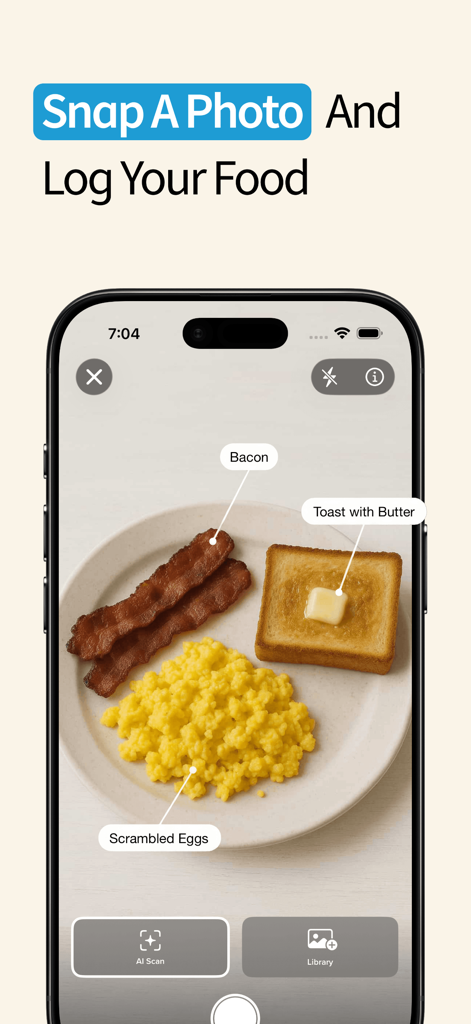 Smartphone screen showing the My Macros plus AI Scan feature identifying bacon scrambled eggs and toast on a plate.