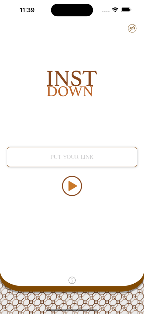 Home screen of instdown app showing the link input field and play button on a white background