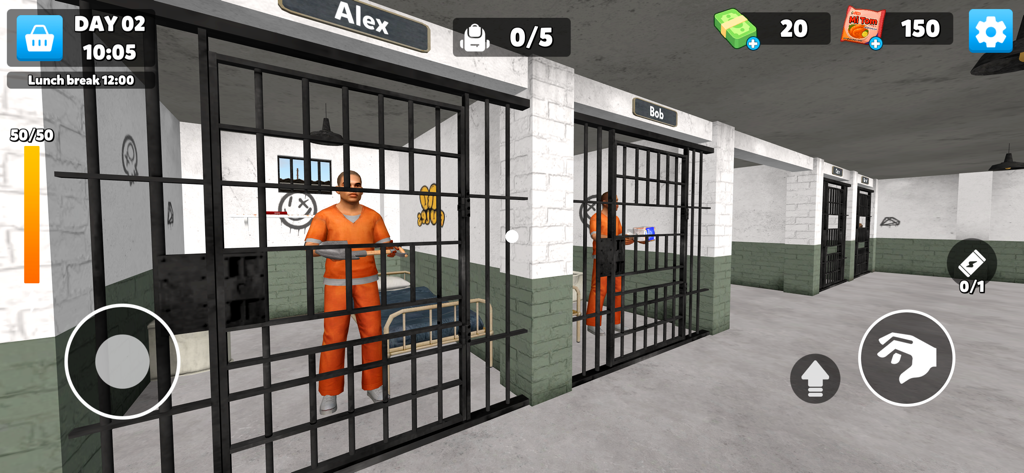 Gameplay screenshot of Mission X Justice showing a character in a prison cell with game interface elements.