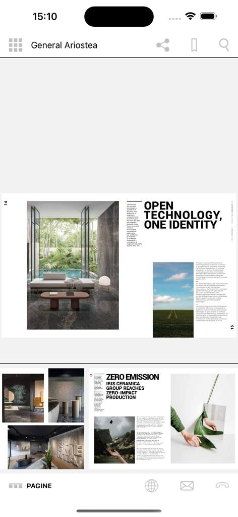 Ariostea - Ariostea app digital catalog showing high end ceramic slabs and sustainability initiatives