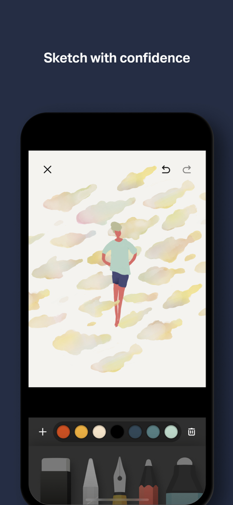 Paper: Sketch, Draw & Create - An iPhone screen displaying the Paper app sketching interface with a minimalist illustration of a person surrounded by watercolor shapes and a selection of drawing tools at the bottom.