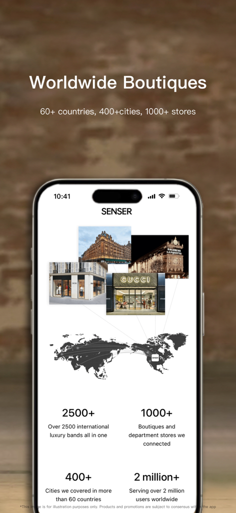 SENSER-Shop Luxury Fashion - SENSER app interface showing a worldwide boutique network with 2500 luxury brands and 1000 connected stores