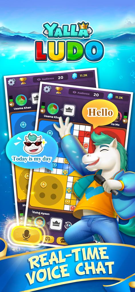 Yalla Ludo game interface showcasing the real-time voice chat feature with a cheerful cartoon character