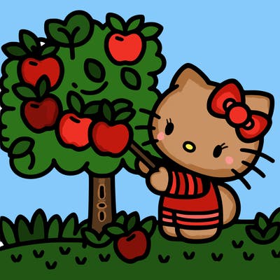 hello kitty picking apples off a tree