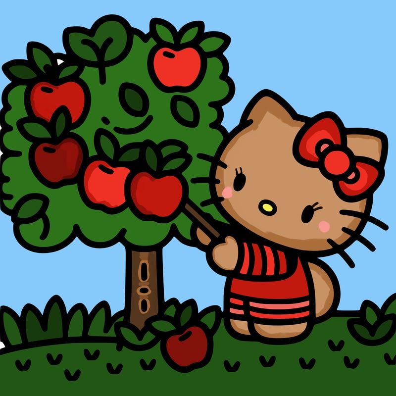 hello kitty picking apples off a tree