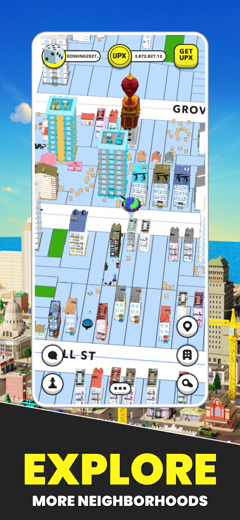 Upland City-Builder gameplay showing a persistent 3D map of real-world neighborhoods with virtual properties.