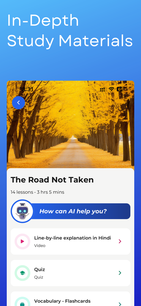 Benutzeroberfläche der English Chatterbox App, die Lernmaterialien für das Gedicht The Road Not Taken mit KI-Tutor-Unterstützung anzeigt