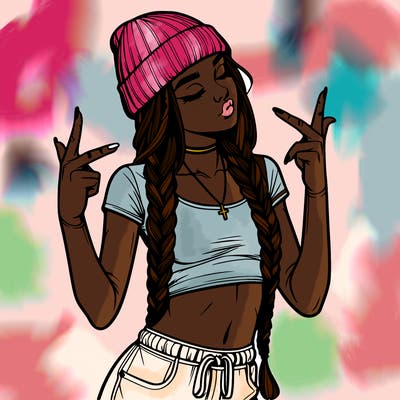 realistic teenage girl with braids and a beanie and crop top doing 🫶🏼