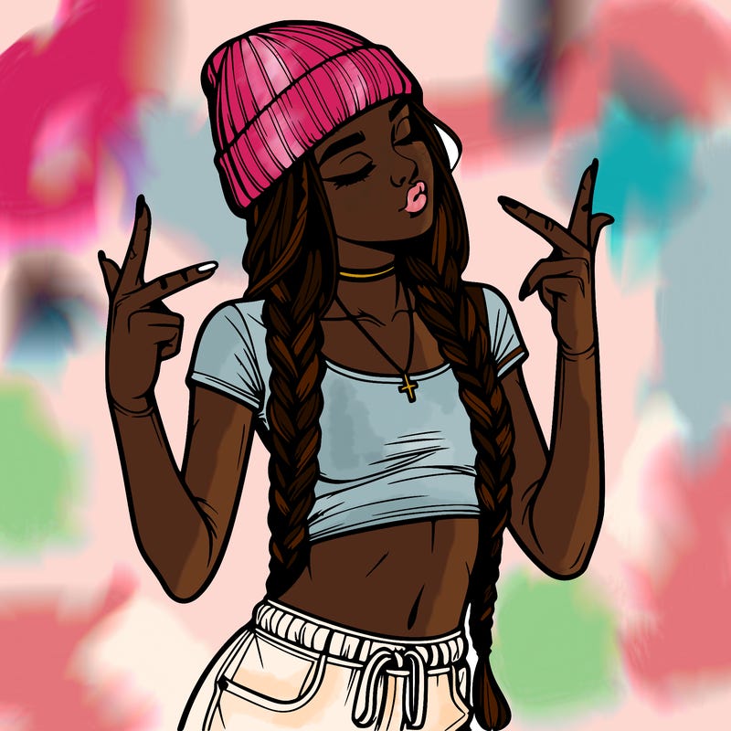 realistic teenage girl with braids and a beanie and crop top doing 🫶🏼