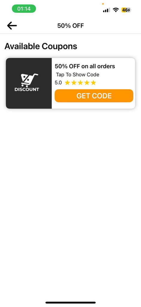 모든 주문에 대해 50% 할인이 제공되는 쿠폰과 코드 받기 버튼이 있는 모바일 앱 화면.