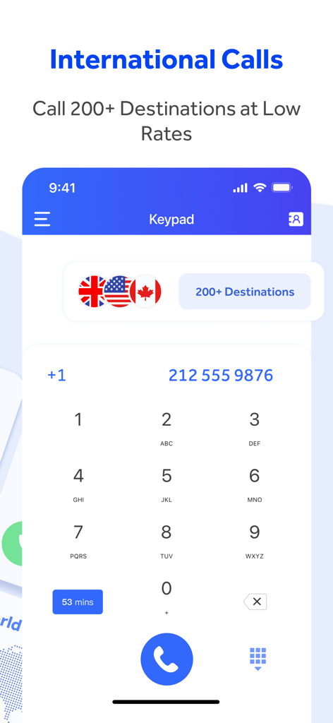 WePhone: 2nd Phone &WiFi Calls - WePhone app interface showing a phone dialer keypad for making low cost international calls to over 200 destinations