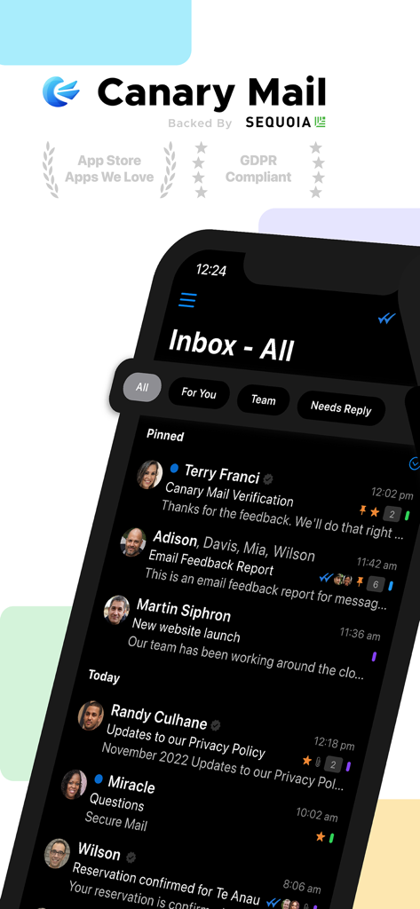 Canary Mail app interface showing a unified inbox with dark mode and pinned messages