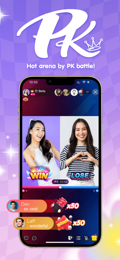 Callplay - Live & Video Call - Split screen view of a PK battle competition between two female streamers on the Callplay app featuring virtual gifts and chat comments.