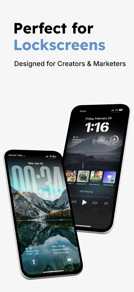 Mockup Templates - Mizframa - Two iPhones displaying lockscreen mockup templates with aesthetic mountain backgrounds and widgets designed for creators.