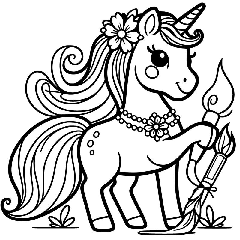 unicorn on hind legs with a paintbrush and a flower pendent around her neck