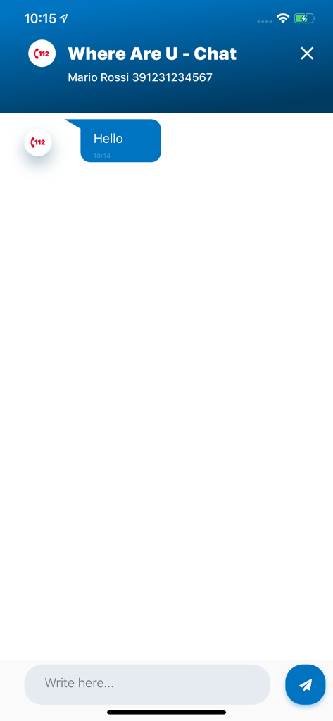 112 Where ARE U - Emergency chat interface for the 112 Where ARE U app showing a text message thread for silent emergency alerts.