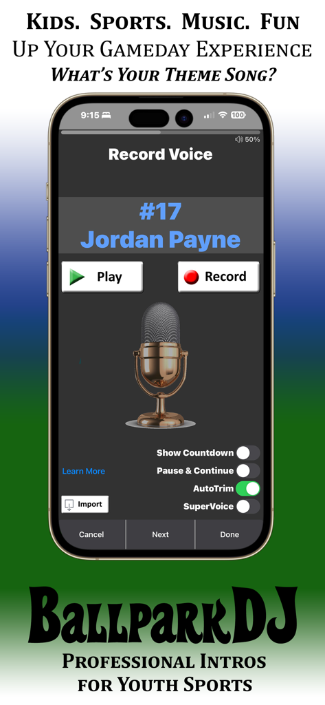 Interface for recording custom player introductions for youth sports in the BallparkDJ app