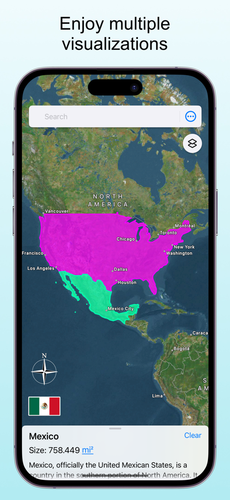 TrueWorld Maps: Country Facts - Screenshot dell'iPhone che mostra un confronto delle dimensioni tra Messico e Stati Uniti su una mappa satellitare all'interno dell'app TrueWorld Maps