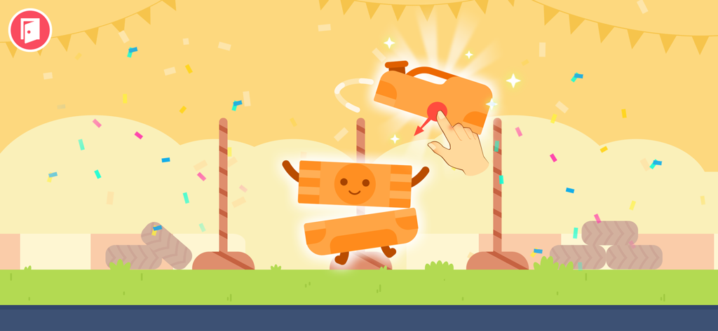 Un enfant assemble des blocs orange dans une interface de jeu éducative amusante.