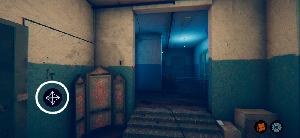 First person view of a dimly lit eerie hallway in an atmospheric horror game