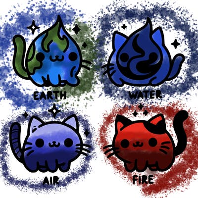 4 cats that represent the different elements, earth, water, air, and fire