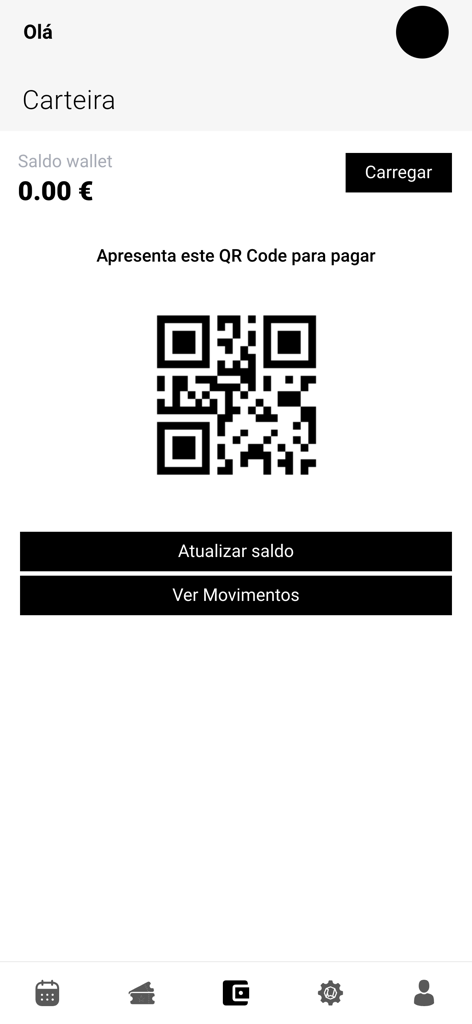 Interface de carteira digital da app AAUAV mostrando um código QR para pagamentos no campus.