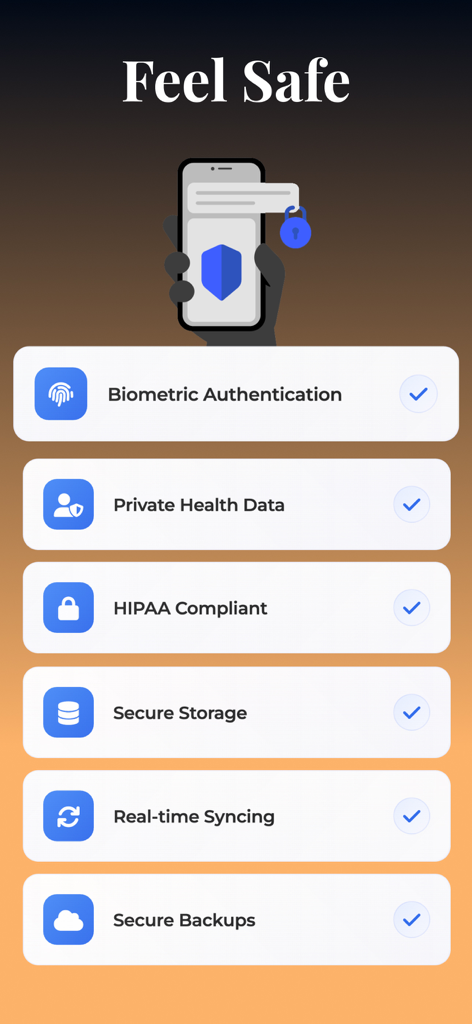 POTS Tracker - Tachycardia - Funzionalità di sicurezza e privacy dell'app POTS Tracker che mostrano la conformità HIPAA e l'accesso biometrico