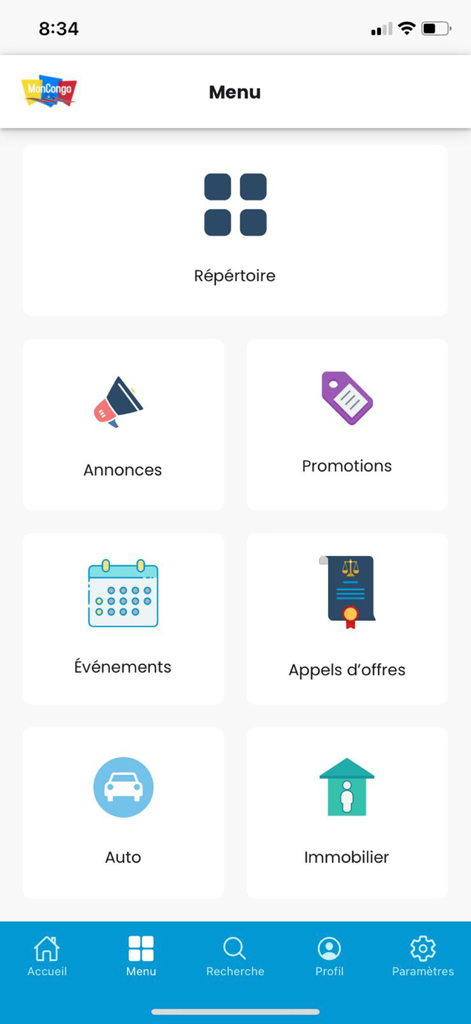 Interface du menu principal de l'application MonCongo montrant les catégories de services telles que les annonces de répertoire et les appels d'offres commerciaux