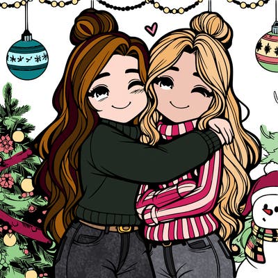 2 girl bffs hugging with background christmasy