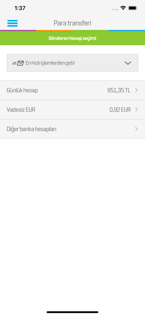 Enpara Bank Sirketim mobile app screen for choosing a sender account for money transfers