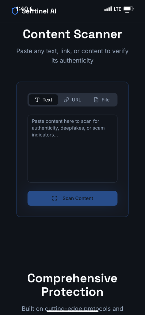 Sentinel AI Guardian - Interfaz de la aplicación Sentinel AI Guardian que muestra la función del Escáner de Contenido para verificar texto, enlaces y archivos