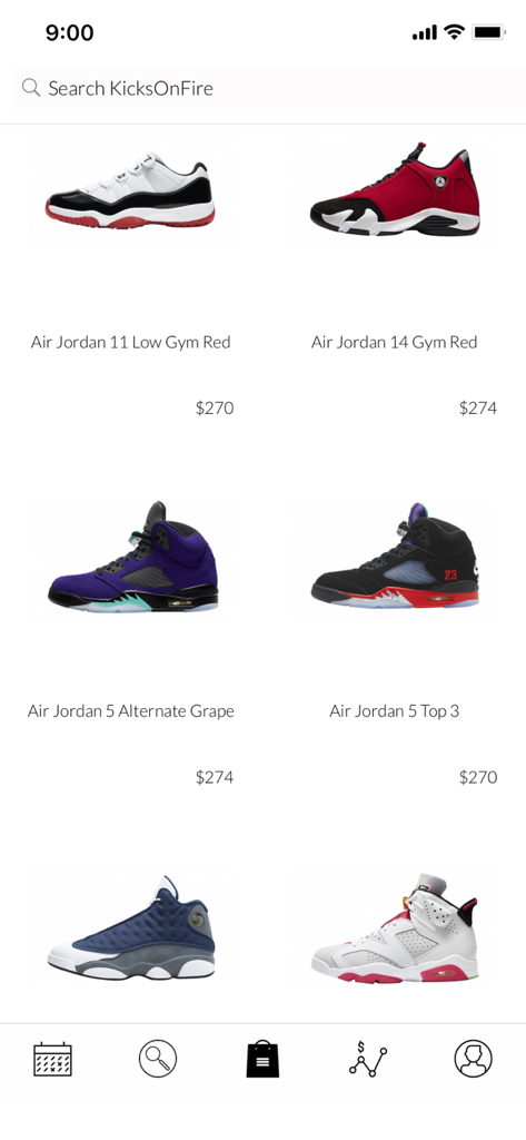 KicksOnFire app interface displaying various Air Jordan sneakers and their current prices.