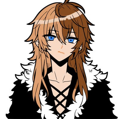 anime guy, long white hair, a red fluffy shirt