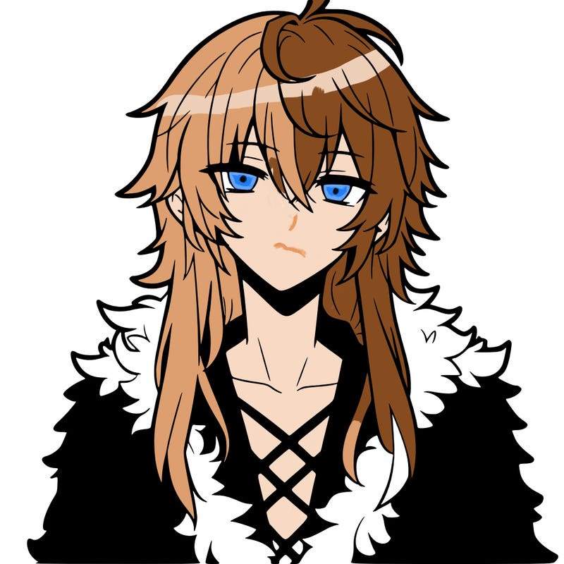 anime guy, long white hair, a red fluffy shirt