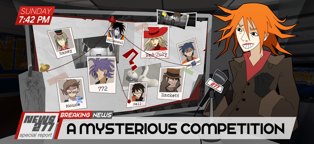 Methods: Detective Competition - A news broadcast screen from the game Methods Detective Competition showing an investigation board and an orange haired character.