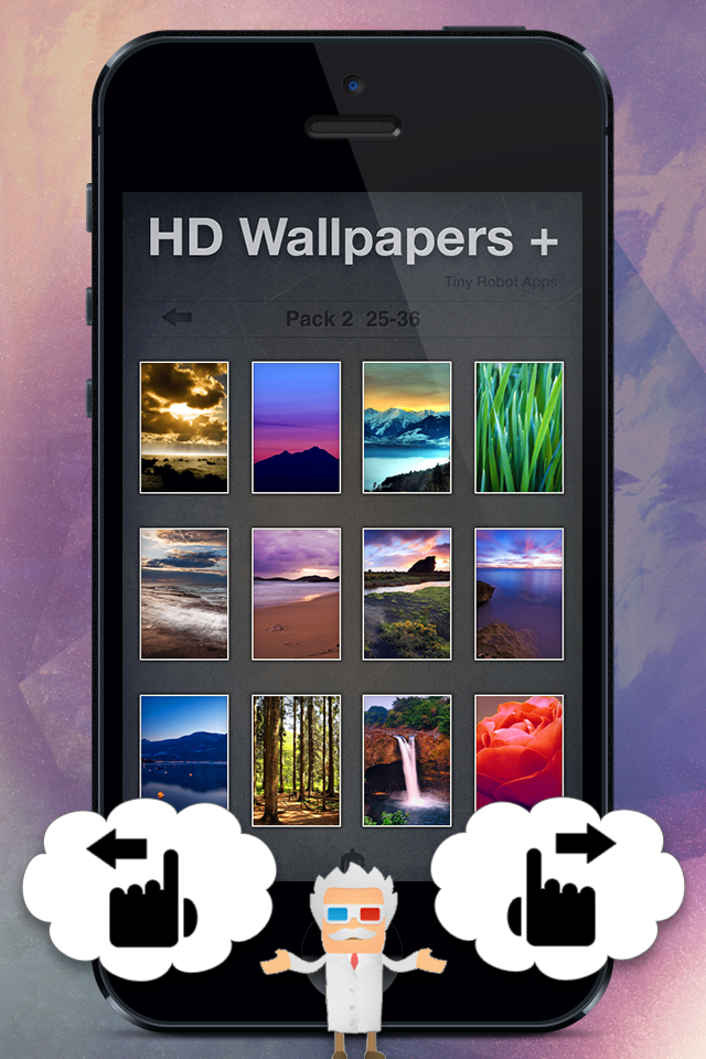 HD Wallpapers + for iPad Air, iPhone, iPod Touch and iPad Retina [Universal] - iPhone screen displaying a grid of HD nature wallpapers including mountains and sunsets within the HD Wallpapers plus app