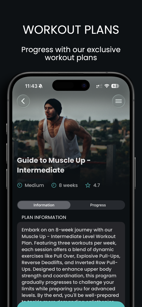 Caliverseアプリの画面で、8週間の期間のインターミディエイトマッスルアップトレーニングプランを表示