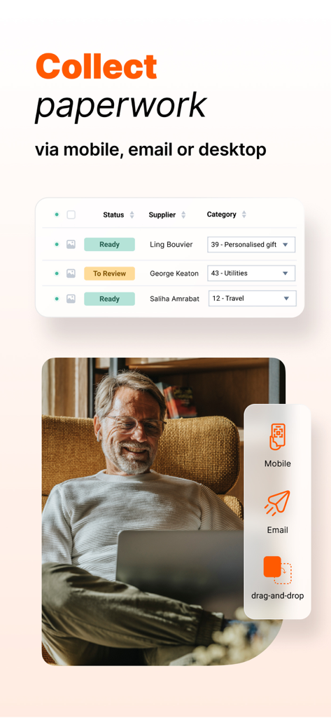 Dext app interface for collecting business paperwork via mobile email and desktop