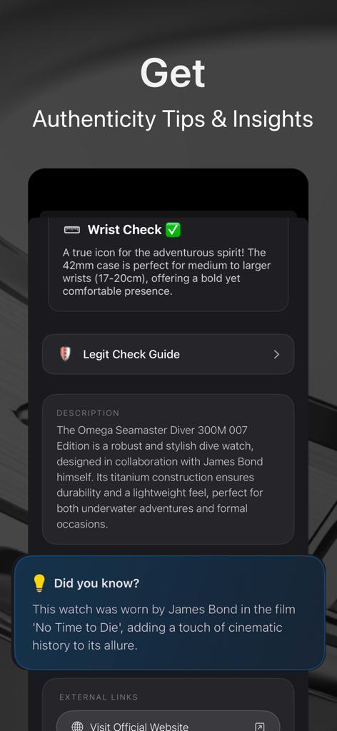 WatchLens: Watch Identifier - WatchLens app interface displaying watch authenticity tips, wrist check advice, and model details for an Omega Seamaster.