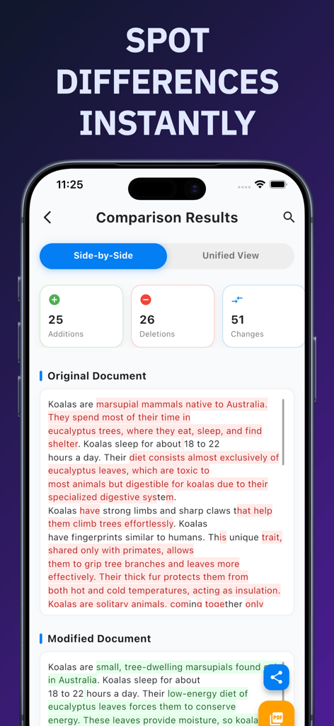 DocCompare: PDF & Word Diff - Mobile app interface showing a side-by-side document comparison with highlighted text additions in green and deletions in red.