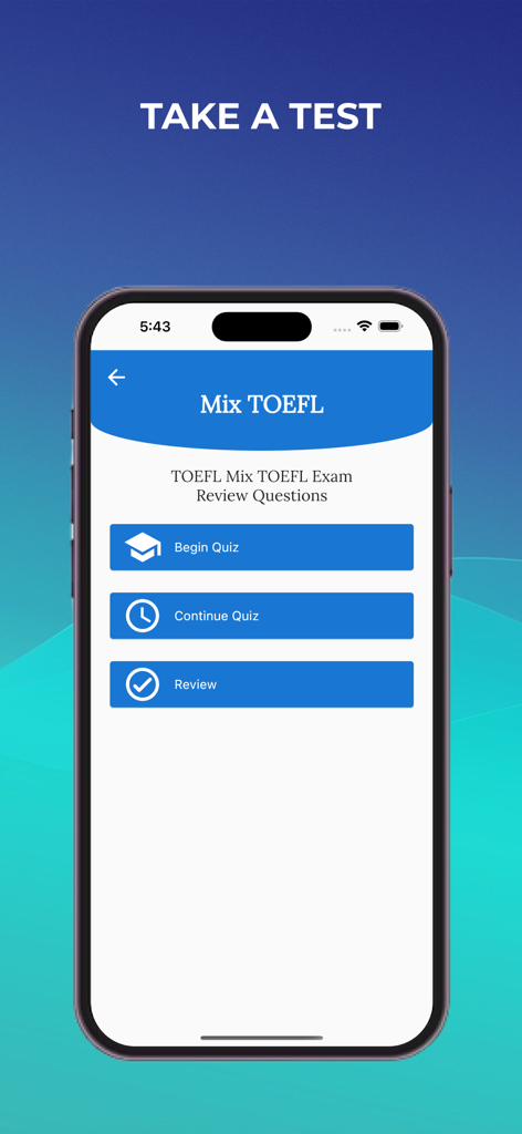 TOEFL Practice 2024 - Mobile app screen showing the Mix TOEFL test menu with options to begin or resume a quiz