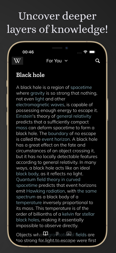 WikTok - Interface do aplicativo móvel WikTok mostrando um artigo em modo escuro sobre buracos negros com o cabeçalho Descubra camadas mais profundas de conhecimento