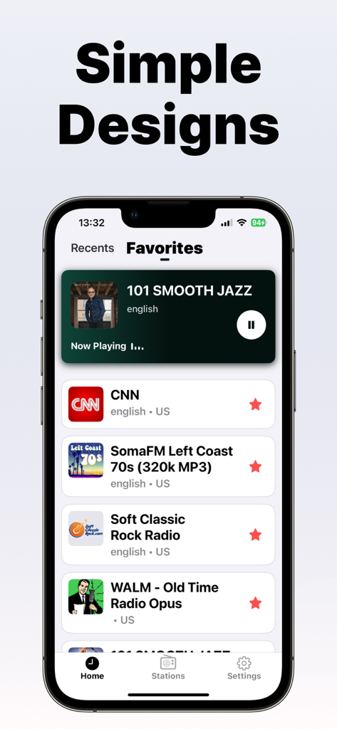 Radio for Seniors - Radio for Seniors app favorites screen displaying a list of stations including Jazz CNN and Old Time Radio