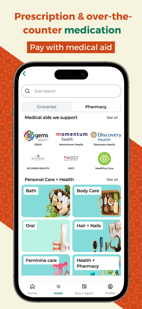 Zulzi app pharmacy section showing health products and supported medical aids