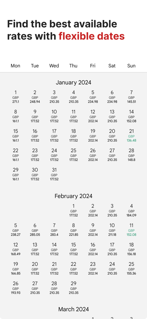 Interface da app Radisson Hotels mostrando um calendário com tarifas diárias de quartos em GBP para reservas com datas flexíveis