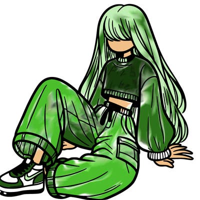 a girl with baggy pants and a crop top with long hair