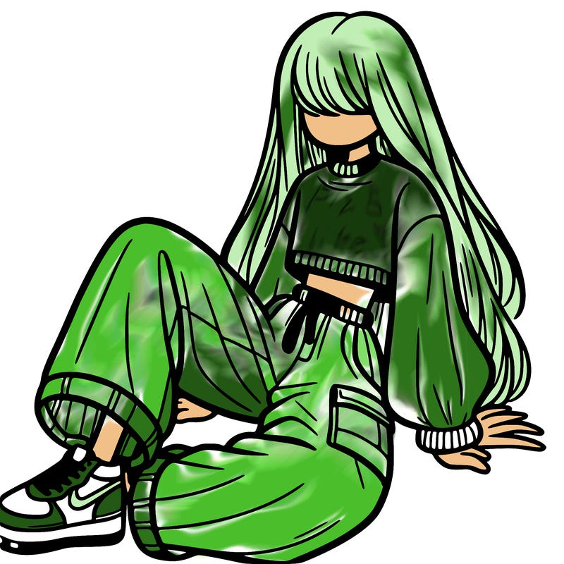 a girl with baggy pants and a crop top with long hair