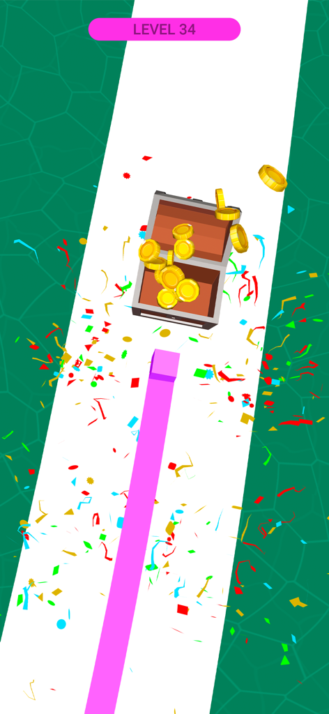 Line Color 3D - Line Color 3Dで、ピンクのキューブが金貨とカラフルな紙吹雪のある宝箱に到達した様子。