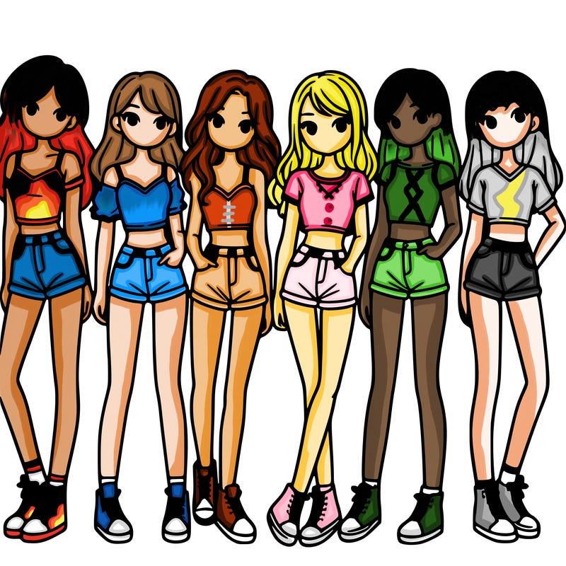 a group of girls wearing crop tops and shorts
