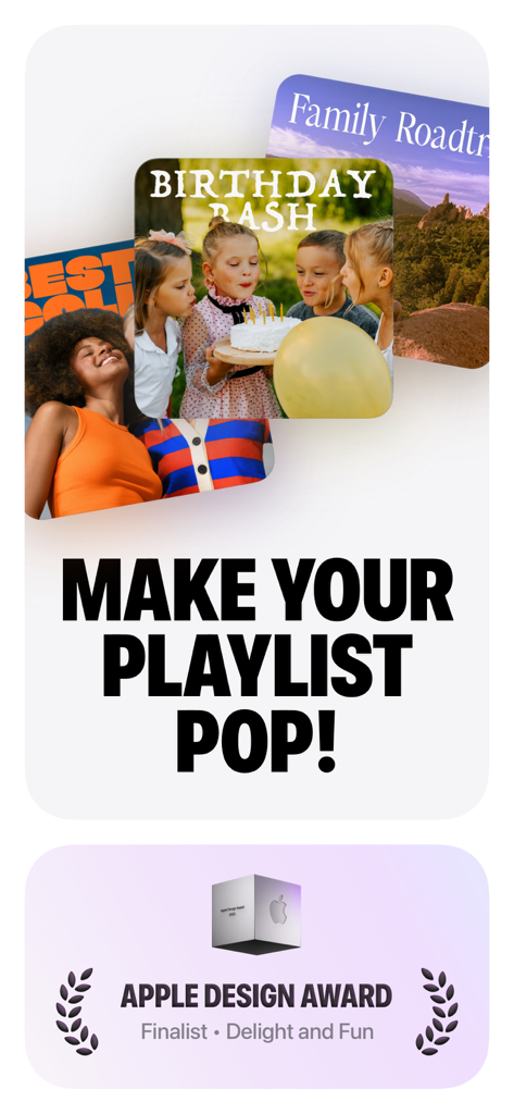 Denim - Playlist Cover Maker - Écran promotionnel de l'application Denim montrant des pochettes de playlists personnalisées et la reconnaissance de finaliste du Apple Design Award